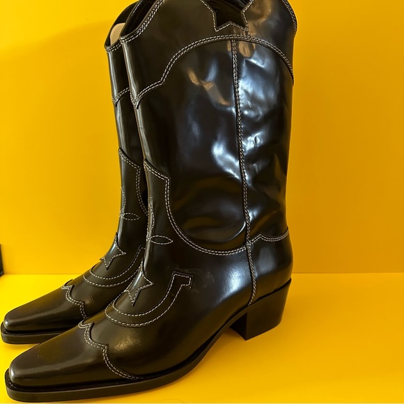 NWT Ganni Marlyn Black Patent Leather Western Cowboy Boots - Picture 8 of 11